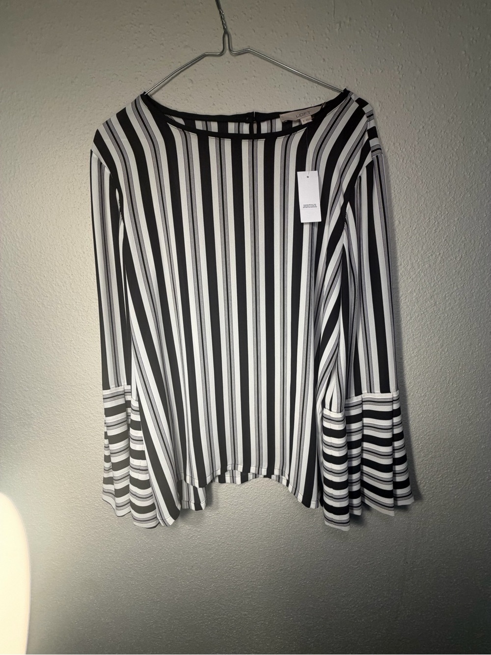 LOFT Black & White Vertical Stripe Bell Sleeve Top